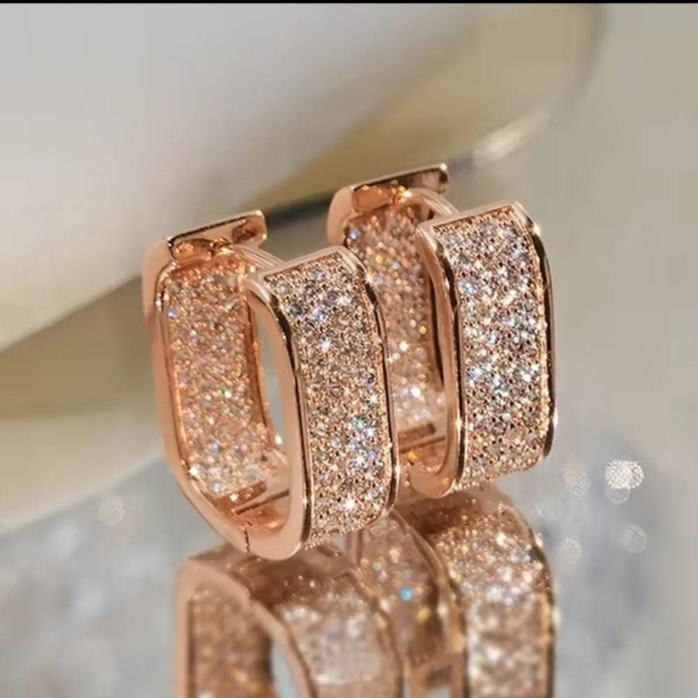 # 109.  Fashion Paved Brass CZ Hoop Silver,  Gold & Rose Gold Color Earrings